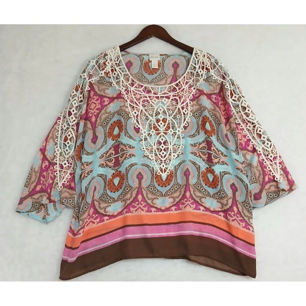 Chico’s Boho Crochet Top Sz 3 Large 3 3/4 Sleeve Pink Blue White Flowy Chic